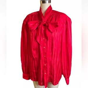 La Blouse Women's Long Sleeve Bow Shirt Red Sheer Glitter Striped Top 50" chest